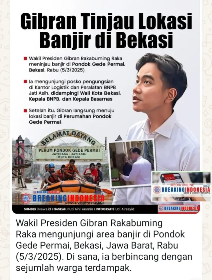 Gibran Rakabuming Raka Turun Tinjau Warga Korban Banjir Bekasi