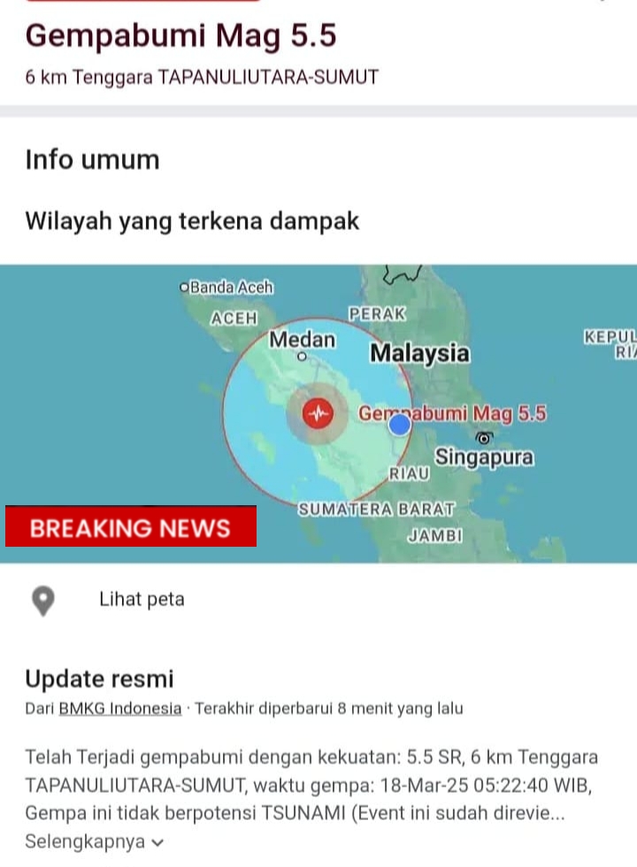 Gempa Tapanuli Utara Goncang Beberapa Kabupaten